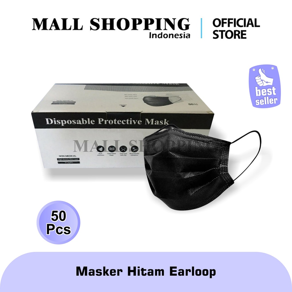 (COD) Masker Earloop Masker Hitam ISI 50PCS /1BOX Dispossable Masker 3 PLY NO GARANSI-1