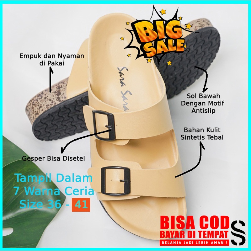 Sarasara JINNY Size 36-41 Sendal slop wanita casual dua ban gesper sandal selop cewek model birken 2 ban trendy