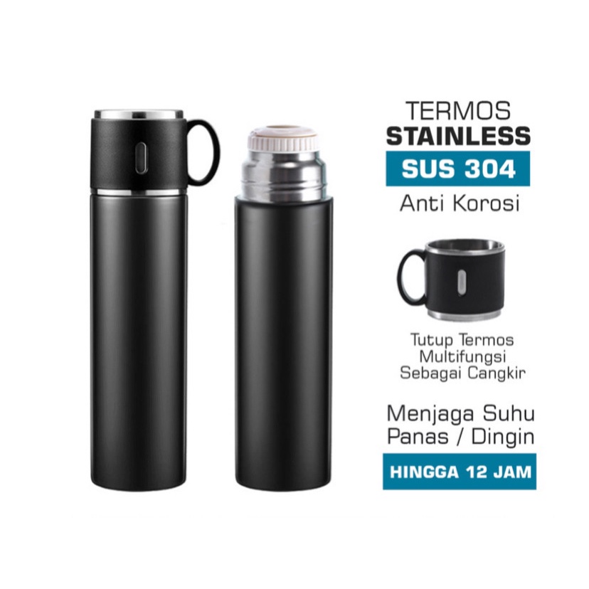 ( BISA COD ) PROMO BOTOL MINUM TERMOS 500ML VACCUM FLASK PANAS DINGIN STAINLEES STEEL /  1 SET TERMOS + CANGKIR / TERMOS BOTOL MINUM SULTAN / TERMOS BUAT KADO HADIAH / TERMOS TAHAN PANAS DAN DINGIN