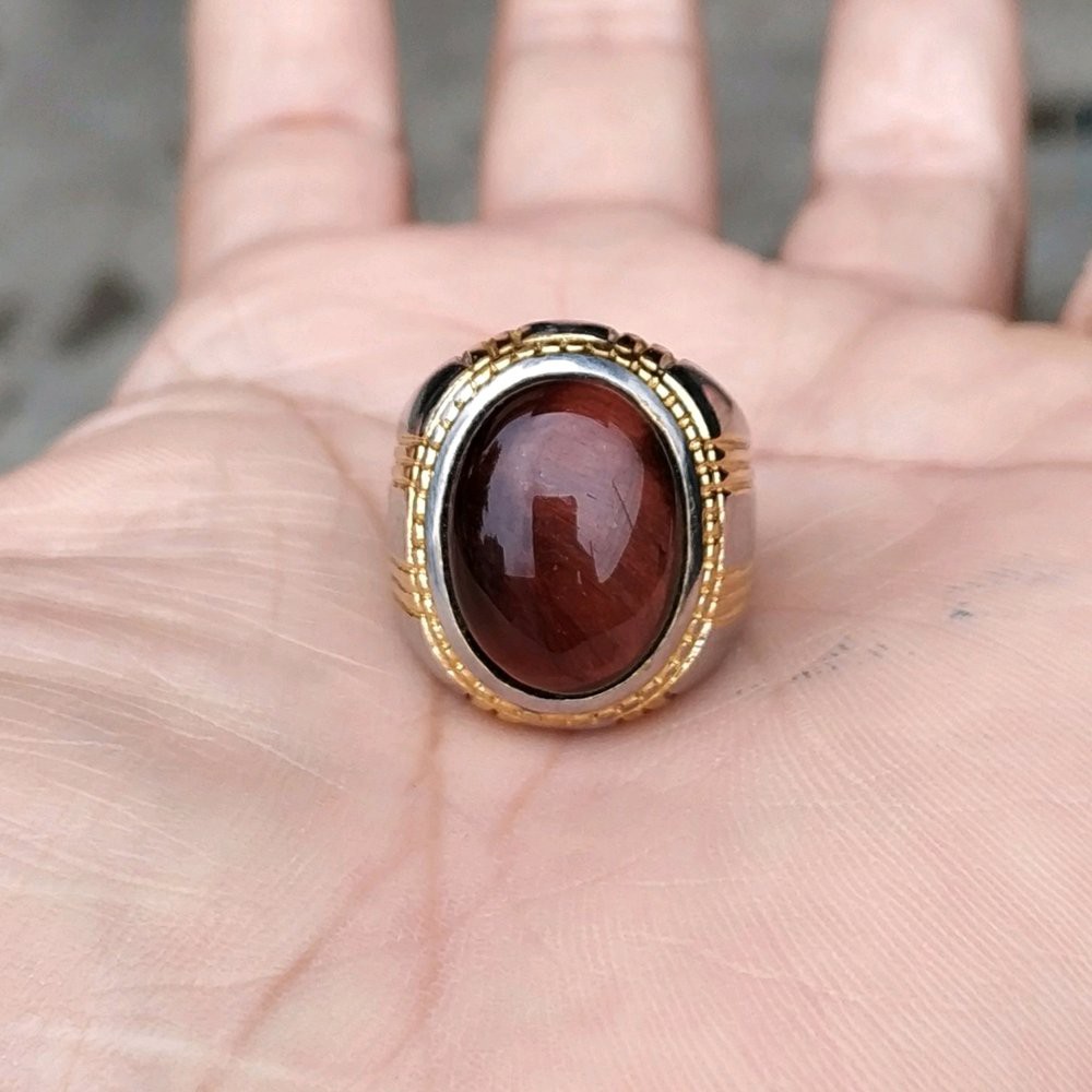 CINCIN BATU AKIK NATURAL BIDURI SEPAH COKLAT AKA BROWN TIGER EYE MINIMALIS TITANIUM