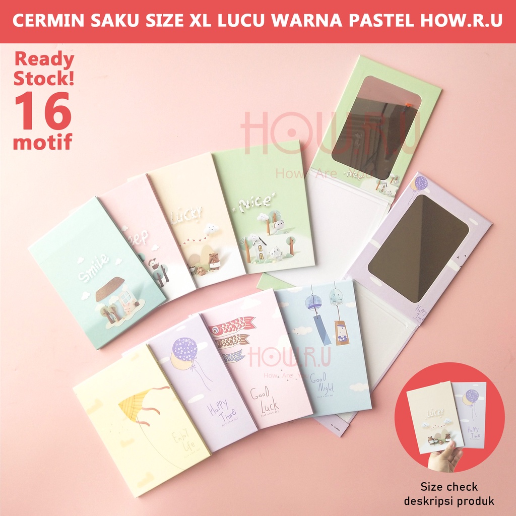 HOW.R.U | 18 x 12 cm - Cermin Lipat / Cermin Saku Korea Warna Pastel Motif Karakter Lucu