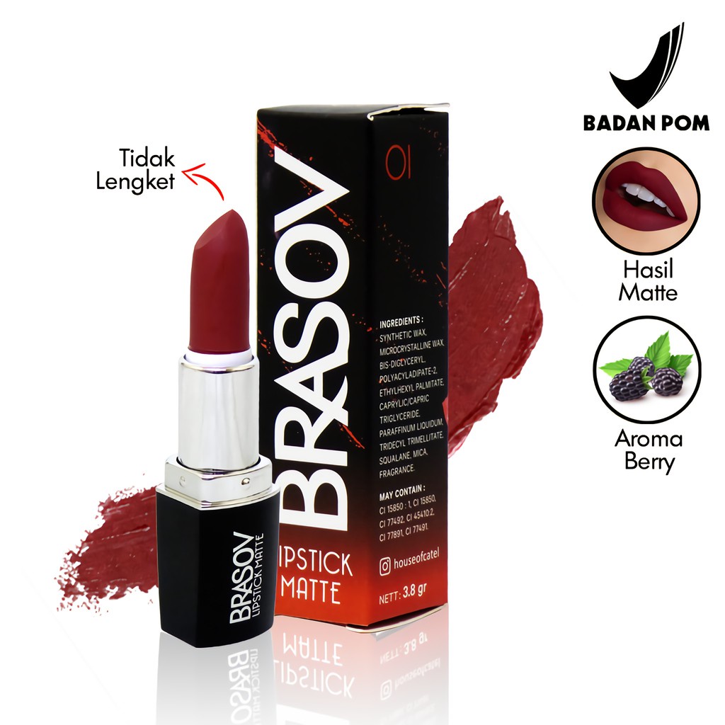 BRASOV Lipstick Matte Shade 01 - 08 Lipstik Pigmented Perona Bibir BPOM