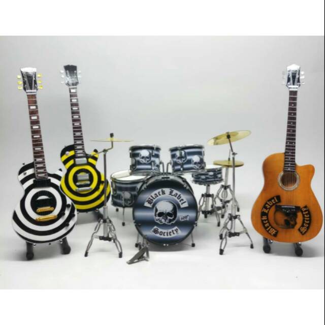 Miniatur set drum black label plus mini gitar 3 pcs