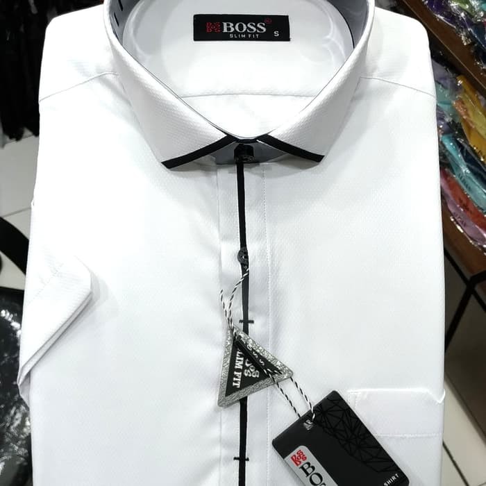Boss Putih Kemeja Pria Pendek Formal Slimfit Dobby List Hitam Donniv - Putih, S