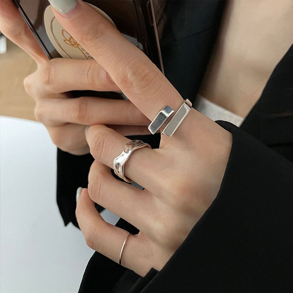 Cincin Model Terbuka adjustable Desain Geometri Gelombang Gaya Korea Untuk Wanita