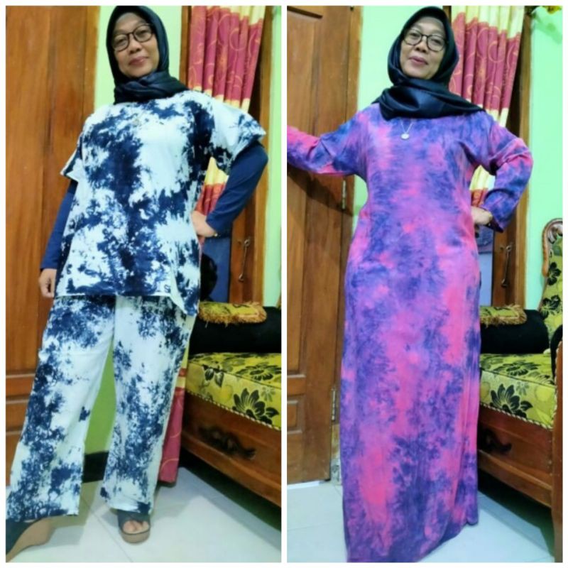 DASTER PANJANG TIEDYE/SETELAN LENGAN PENDEK JUMBO BALI TIE DYE MURAH BAJU TIDUR IBU PANJANG