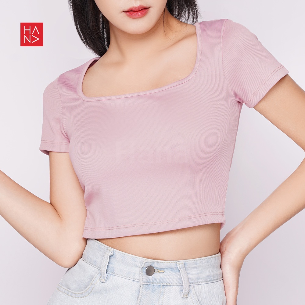 HanaFashion JKT - Emalia Basic Crop Top Square Neck Bahan Knit Kaos Murah - TS506