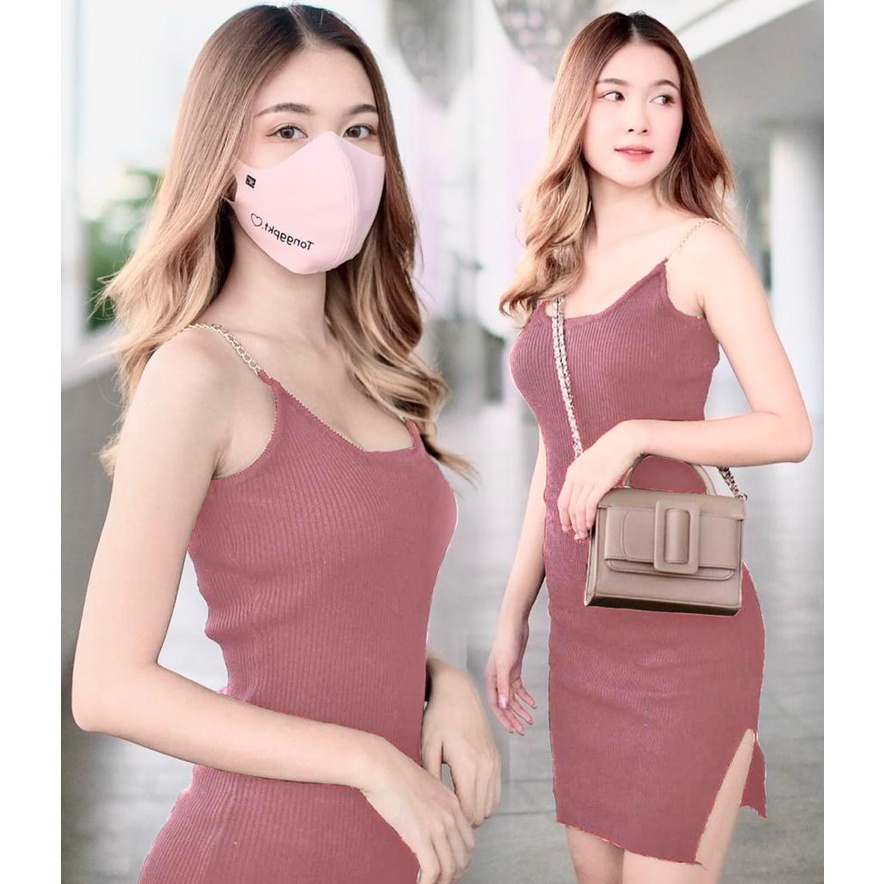 HOPYLOVY Mini Dress Wanita Bahan Rajut Bodycon Slit Rantai Rajut Tamira