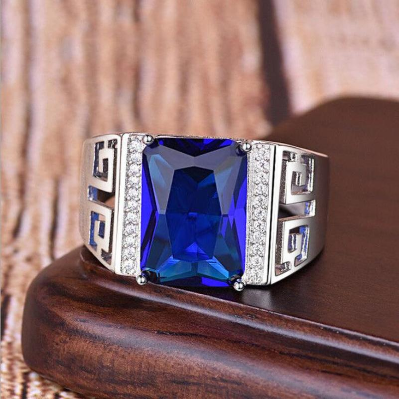 Cincin Kasual Berlian Emas Putih Safir Asli Pria Aksesoris Fashion Perak Batu Biru Diamond Rings