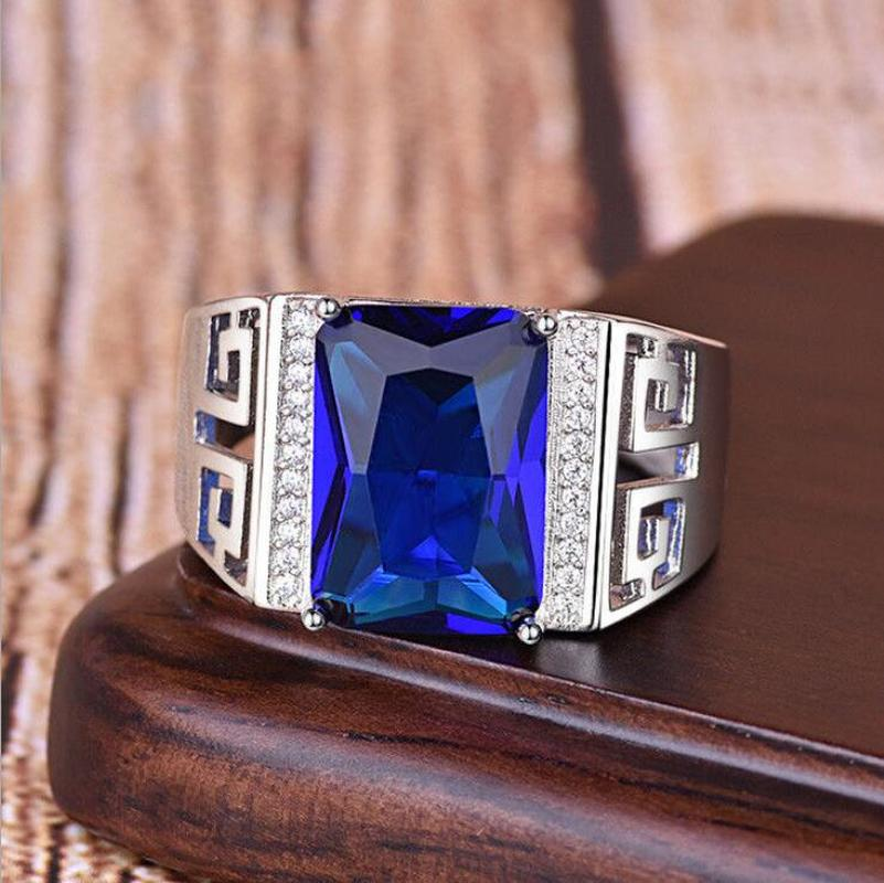 Cincin Jari Pria Berlian Platinum Safir Fashion Baja Titanium Perak Kristal Biru Rings