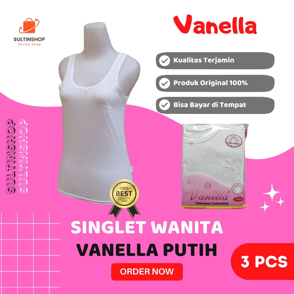 (3 Pcs) Tanktop Vanella Pakaian Kaos Dalam Kutang Wanita Dewasa Warna Putih Polos / Singlet Atasan P