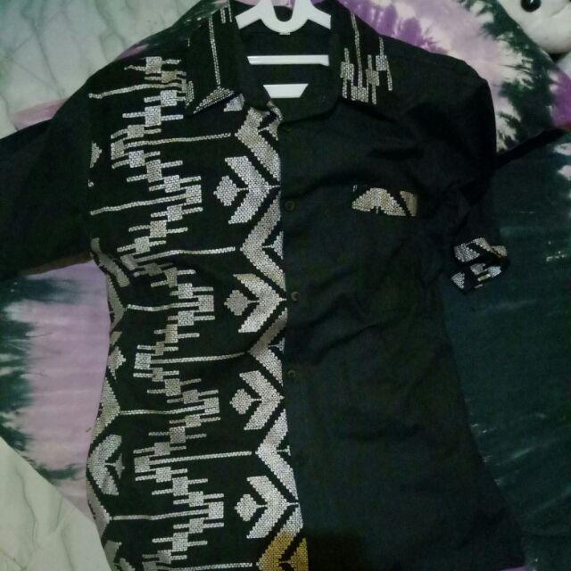 Kemeja Hem Pria Kombinasi Songket Pradha Silver Zigzag