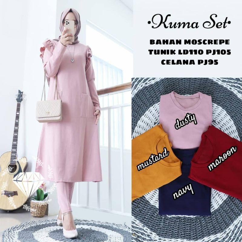 SET TUNIK CELANA KUMA, MOSCREPE, GAMIS, HIJAB, MUSLIM, SETELAN