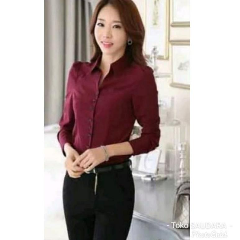 [PROMO G8T97] Kemeja formal wanita lengan panjang merah maroon Diskon