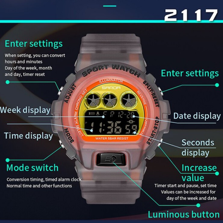 SANDA 2117 Jam Tangan Pria Digital Luminous Tali Rubber Shockproof Anti Air WATCHKITE WKOS