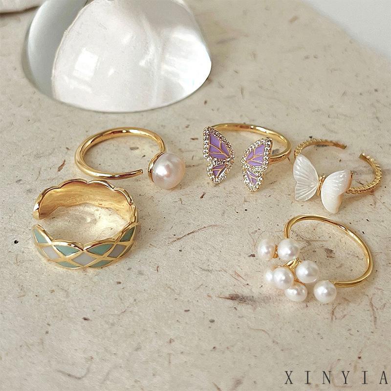 【Bayar di tempat】Niche Cincin Unik Mutiara kelas atas-Won Butterfly Cincin Desain Kupu-Kupu Aksen Mutiara Untuk Wanita