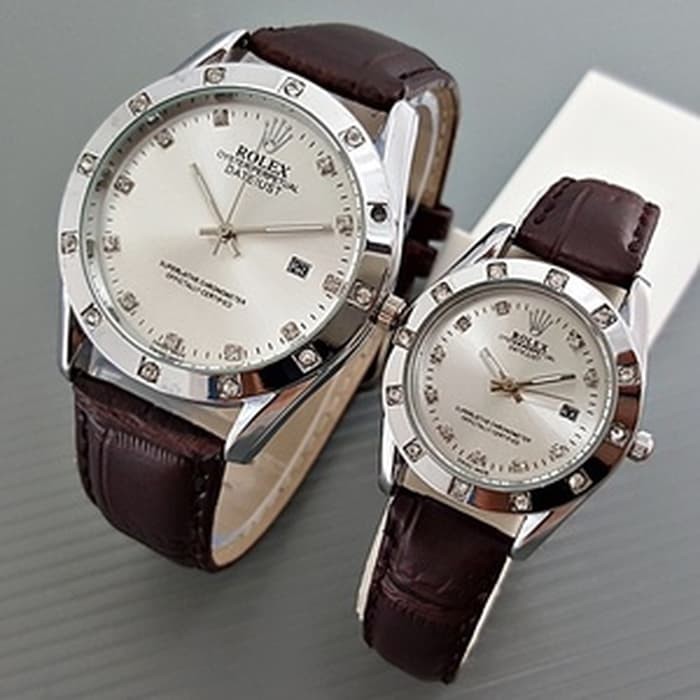 JAM TANGAN ROLEX CW791 TALI KULIT COKLAT TUA SEPASANG / COUPLE
