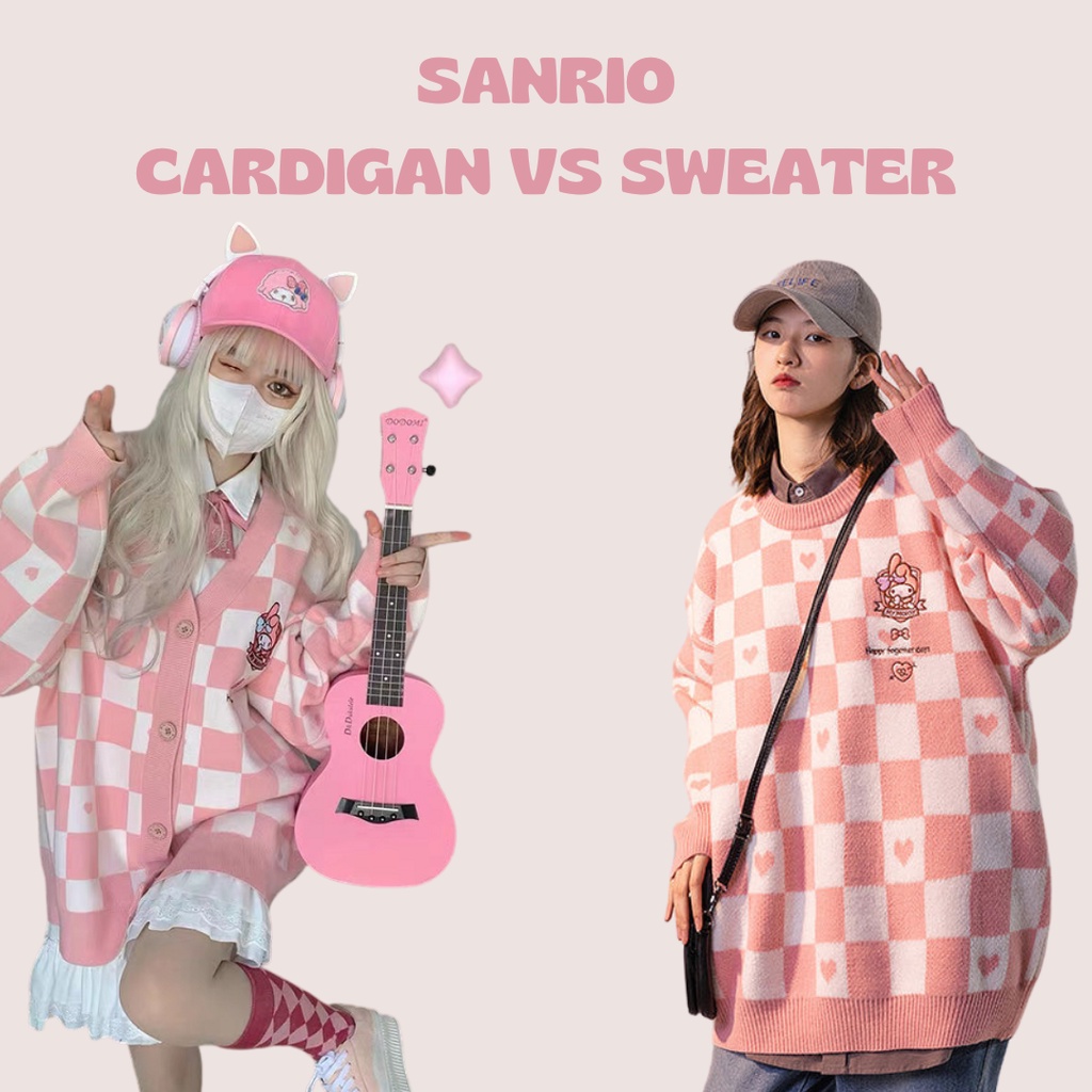Sanrio Cardigan cute loose plaid knit --- Sanrio Cardigan & Sweater