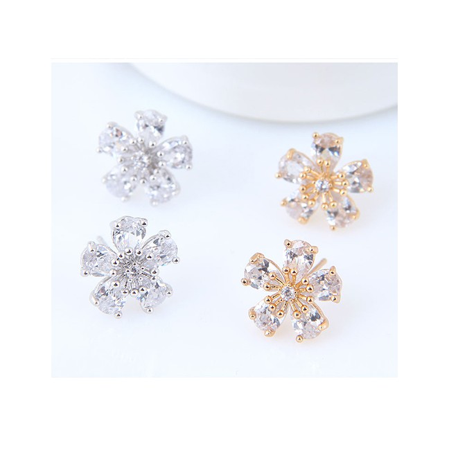 LRC Anting Tusuk Fashion Silver Zirconium Flower Alloy Earrings A61712