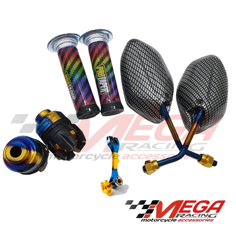 Paket 4 Variasi Thailand - Kaca Spion Model Beat Karbon Twotone + Grip Pelangi + Stempel Kaca Twotone + Jalu as Jumbo 2tone Motor Honda Beat Vario 2018 kebawah Scoopy Spacy Supra Revo