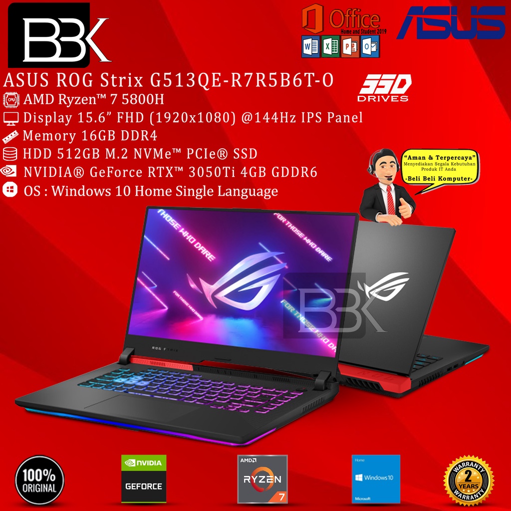 ASUS ROG STRIX G513QE Ryzen 7 5800H 16GB 512GB SSD VGA W10HSL OHS 2Yr