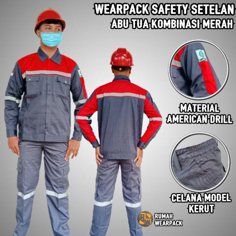 Setelan Wearpack Safety dan Celana Safety Abu Tua Kombinasi Merah