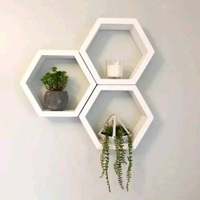 3PCS DIAMETER 25CM RAK  DINDING  MINIMALIS SEGI  6  HEXAGONAL 