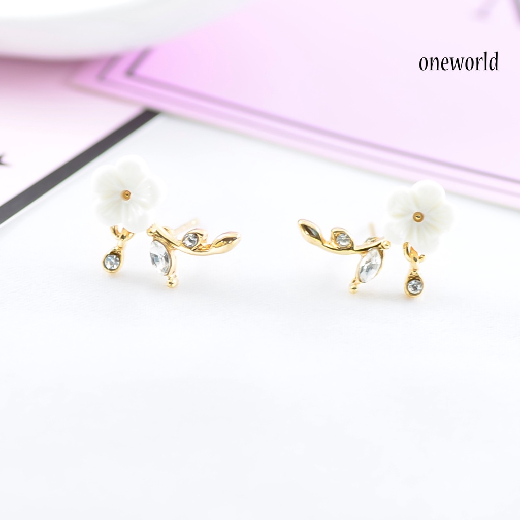 OW@ Earrings Flower Leaves Shape Design Beautiful Alloy Rhinestone Inlaid Ear Stud for Daily Life