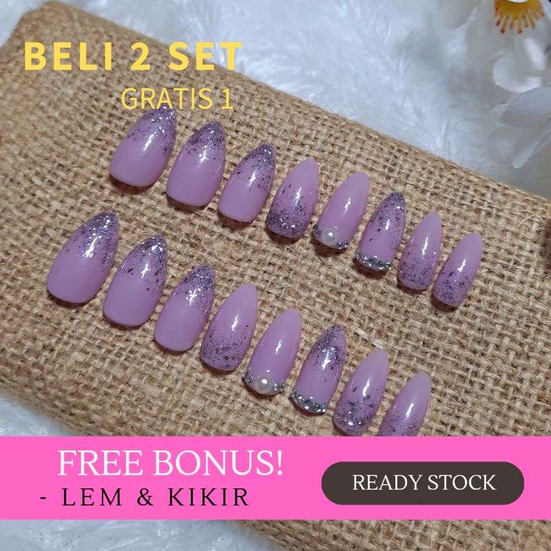 Fake Nails Wedding Henna 3D Custom Costum Stiker kuku Lilac Kuku Palsu Pengantin