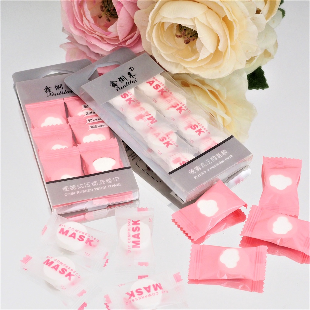 Compressed Mask BOX ISI 8 PCS Compress Facial Sheet Face Paper DIY Masker Permen Wajah Pink Putih