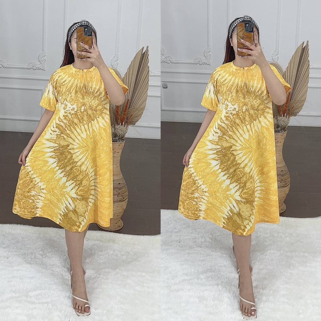 [GROSIR] Daster Kaos Payung Busui Tiedye XXL Jumbo Klok A Busui Resleting-Topan Kuning Ziper