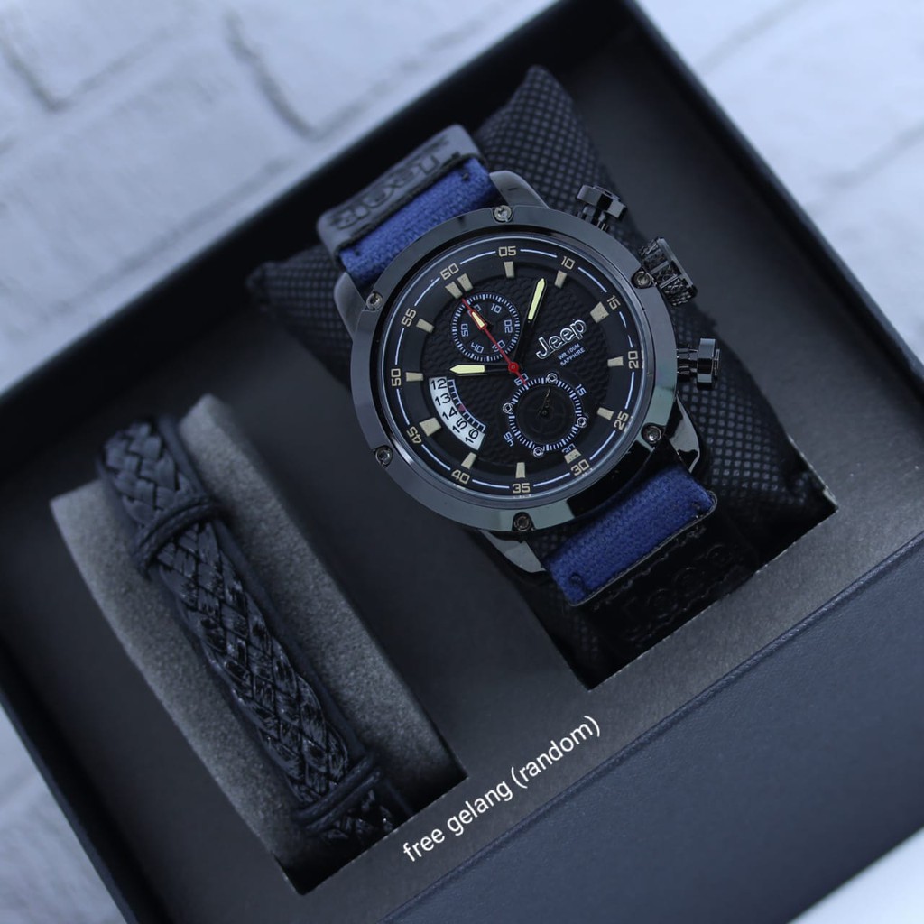 JAM TANGAN PRIA JEEP CHRONO AKTIF TALI KANVAS FREE GELANG