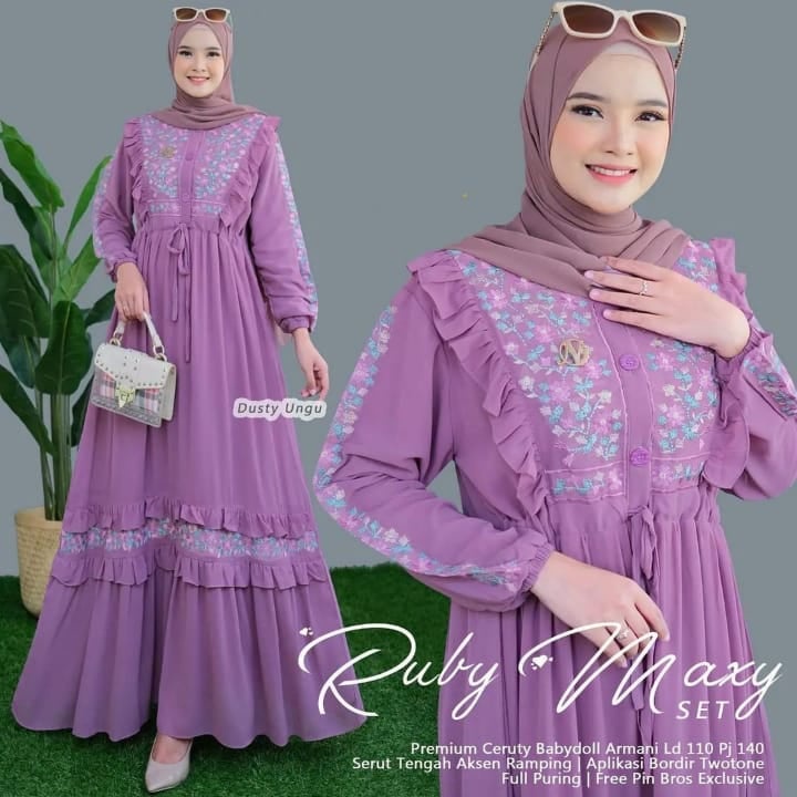 Gamis Lebaran Terbaru Ruby Maxi Dress Bordir Kekinian Bahan Ceruty Bordiran Asli Seruti Baju Kondang