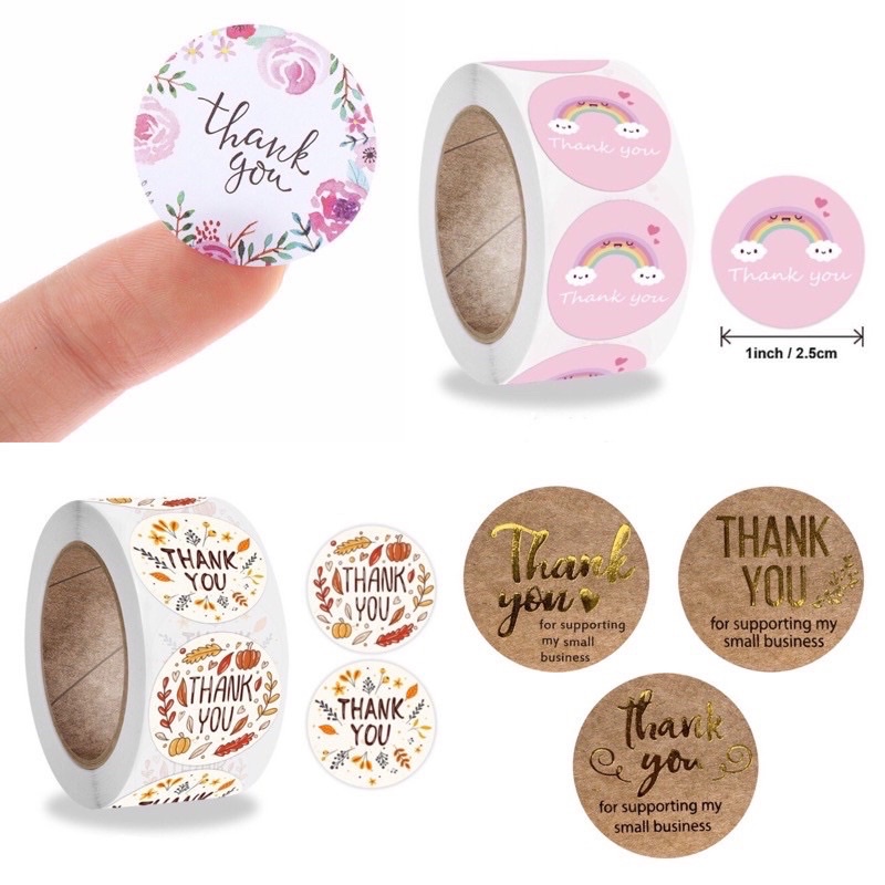 [500PCS/1 ROLL] Thank You Sticker Label Kecil Stiker Bulat Thankyou Terima Kasih Murah Bunga Lucu Putih Pink