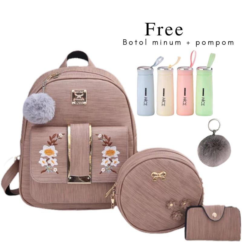(COD)Backpack Golden Flower 3in1 Tas Ransel Ala Korea Termurah Ransel Kasual Wanita Tas Kulit Kualitas Tinggi