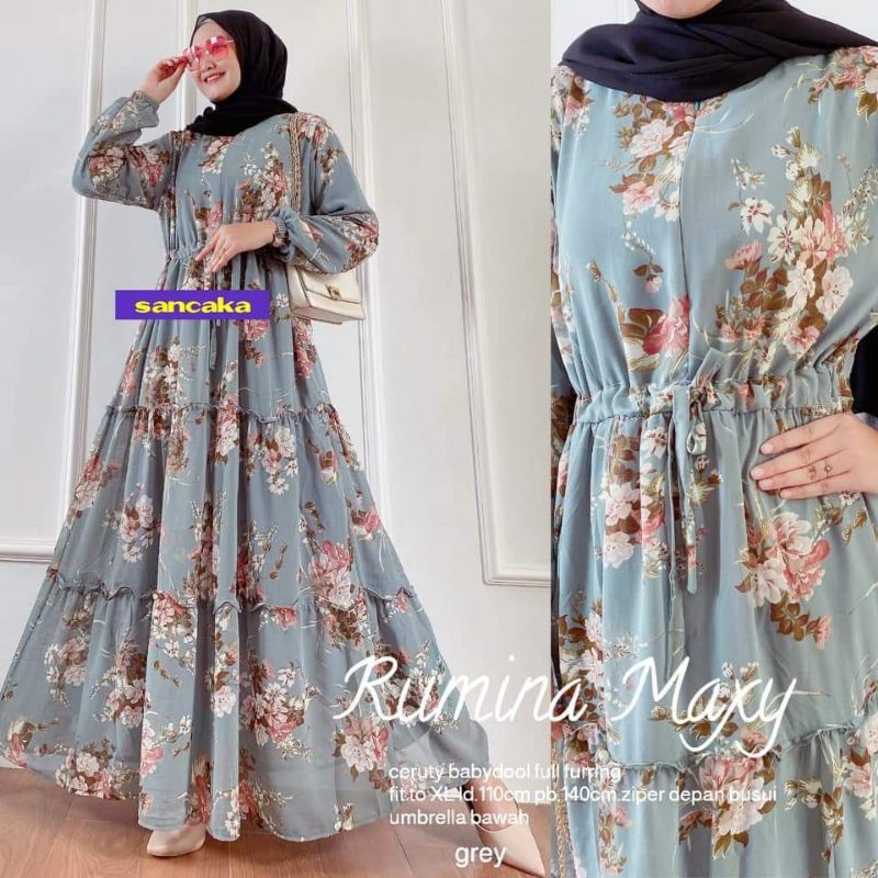 gamis rumyna maxy bunga'terbaru/gamis sifon seruty baby doll premium motif bunga cantik