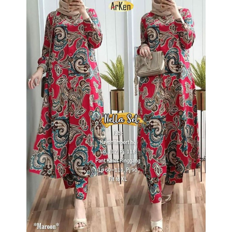 NELLA SET BY ARKEN | BAJU SETELAN LONG TUNIK MOTIF BATIK ETNIK CANTIK OOTD