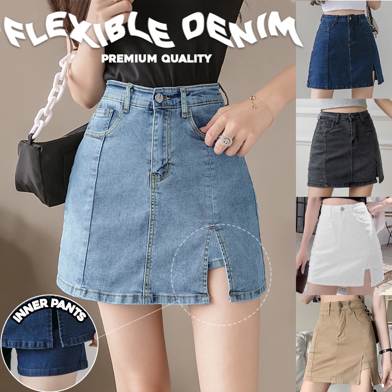 KARAKOREA 6808 Side Slit Strechable Denim Skirt with Pants/Rok Denim/Rok Jeans/Rok jeans wanita/Rok Jeans Korea/Rok wanita