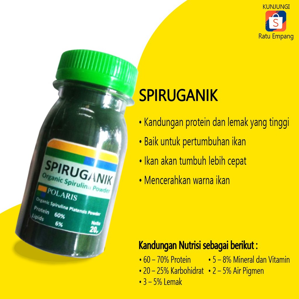 SPIRULINA BUBUK IKAN 20GR / SPIRUGANIK IKAN / PAKAN BURAYAK IKAN / PAKAN KOI / MAKANAN IKAN HIAS