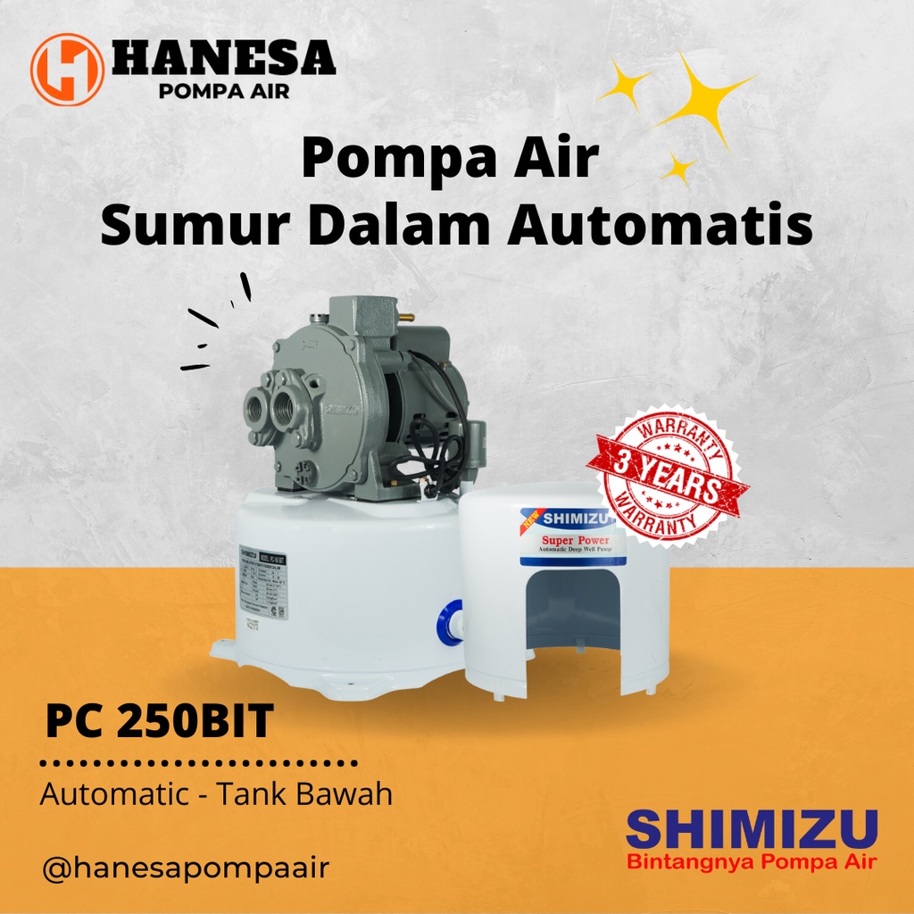 Pompa Air Shimizu PC 250 BIT / PC250 / Pompa Air Sumur Dalam Otomatis Tabung Bawah / Automatic Jet P