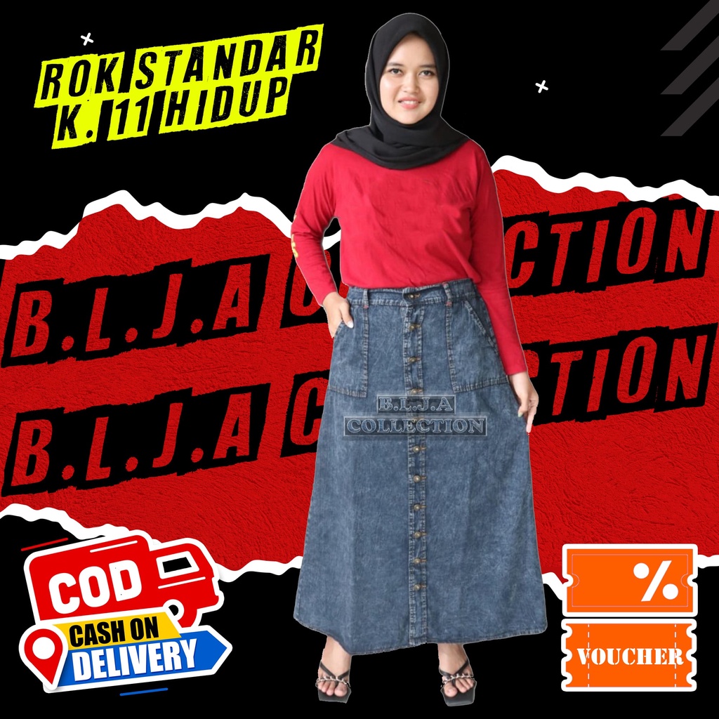 ROK JEANS STANDAR KANCING 11 HIDUP l ROK JEANS PANJANG GISCA  l ROK JEANS SPAN PANJANG KANCING DEPAN
