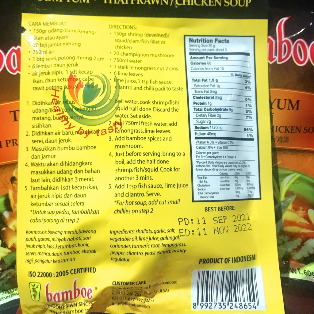 Bamboe Bumbu Tom Yum/Bamboe Spices Tomyam Tom Yam/Tomyum Thailand Halal 60g