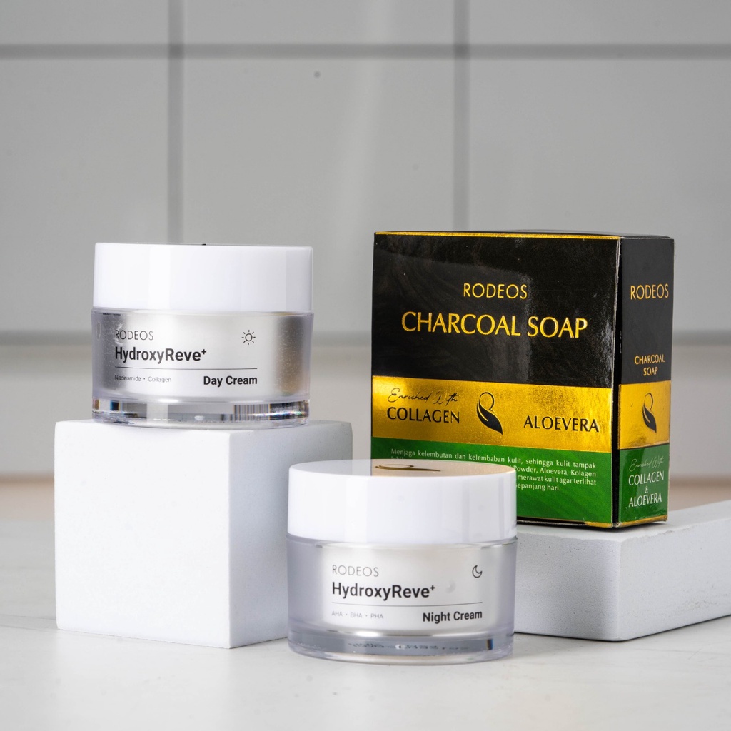 Rodeos Paket Glow Up Charcoal Soap HydroxyReve+ Day Cream Night Cream AHA-BHA-PHA 120 Gram