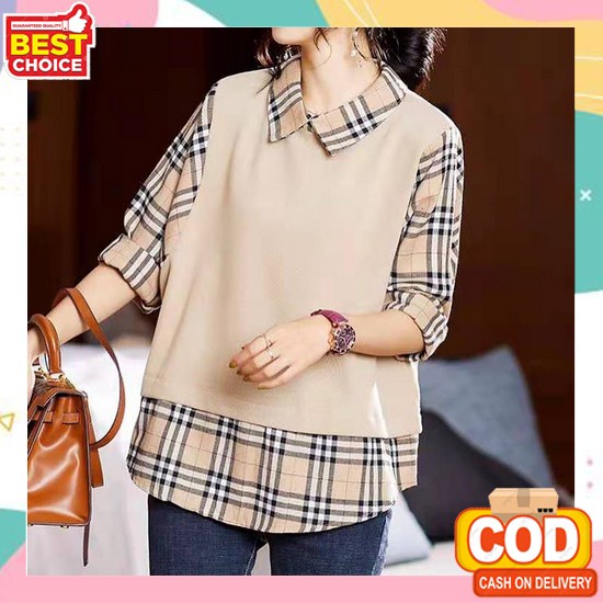 Hem Wanita Bigsize Putih Motif Korea Hitam Pakaian A4I8 Kotak Lengan Panjang Murah Katun Baju Kimber