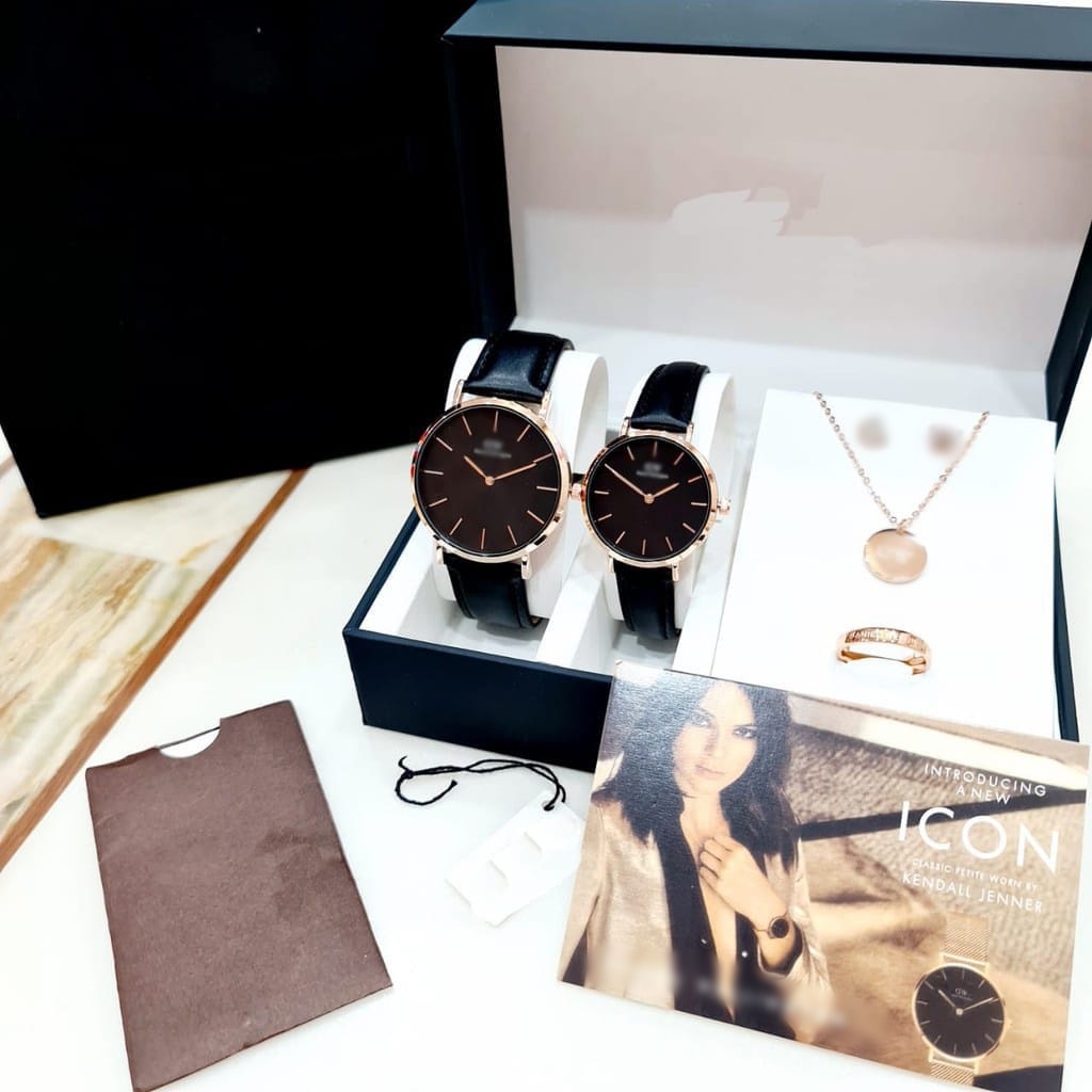 Premium (RRW) Best Seller Jam Tangan Couple DW Kulit WD 0753K Paket Free Kalung Cincin Anting + Box