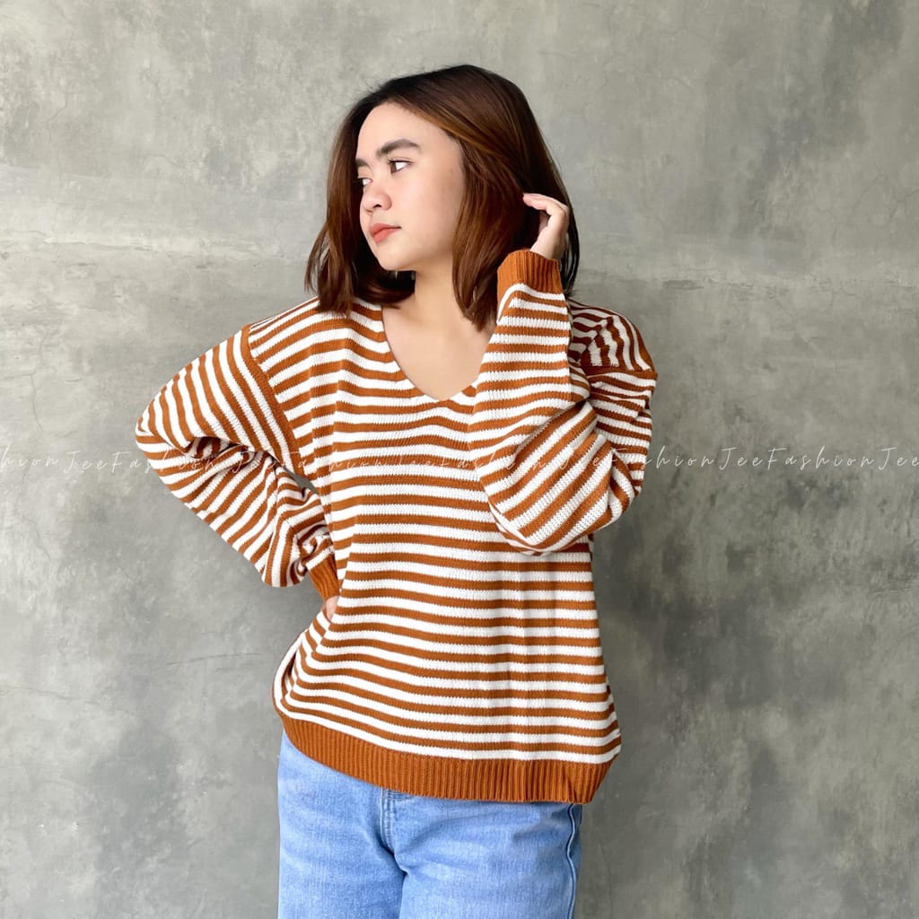 Belleza Outlet baju rajut Cardigan rajut atasan wanita Strippy