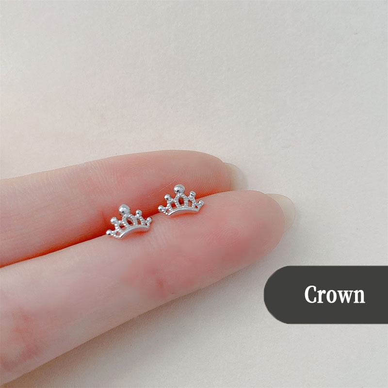 925 Anting Perak Asli Anting Korea Mini Kecil Kupu Zirkon Halus Mahkota Kecil-Crown-1
