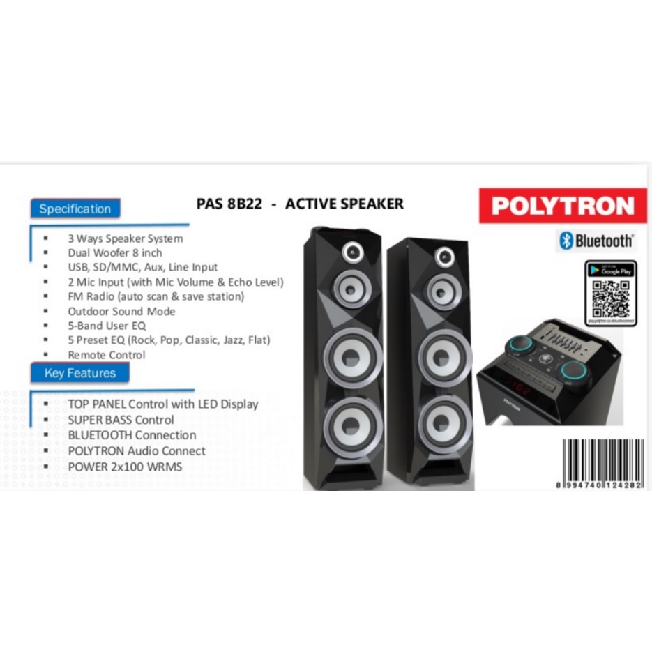 POLYTRON PAS 8B22 ACTIVE SPEAKER + USB + BLUETOOTH TANPA RADIO / PAS8B22-FM