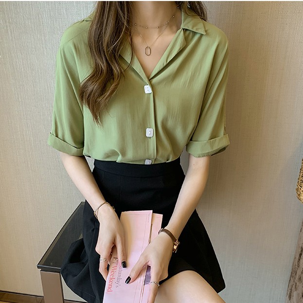 【xiaozhainv】Kemeja wanita gaya baru lengan pendek desain atasan longgar-8