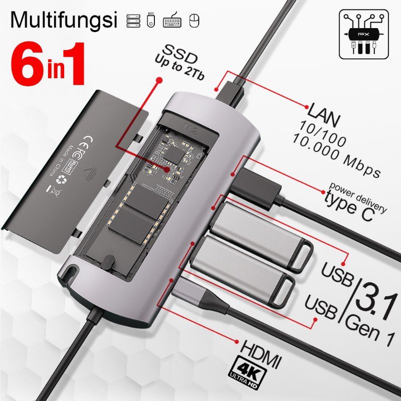 Type C to HDMI LAN USB 3.0 SSD 2TB Adapter 6 In 1 PX UCH-100